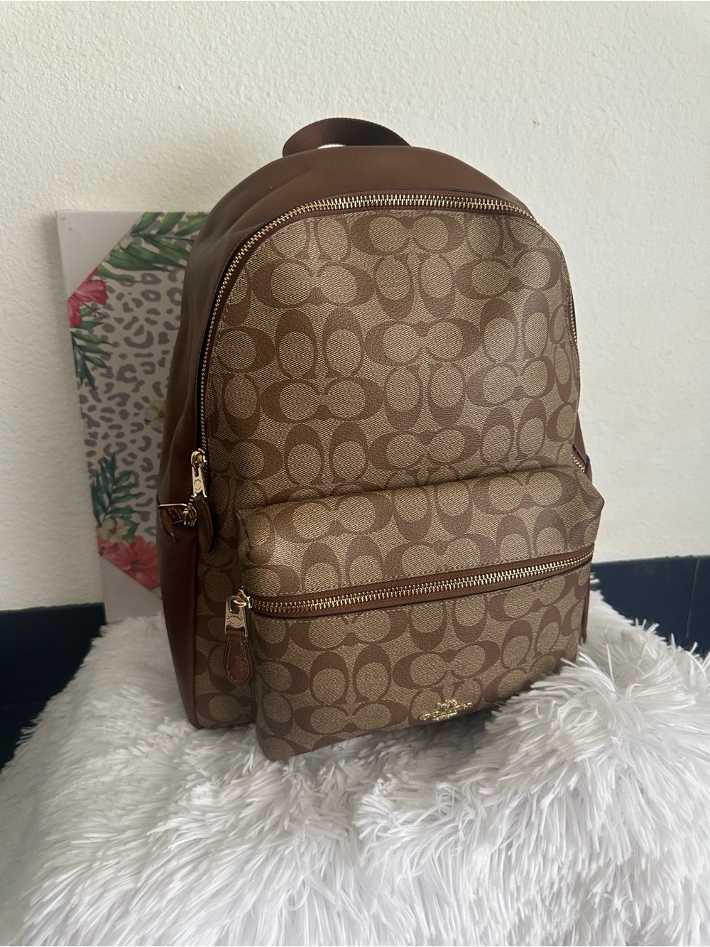 Coach Brown Logo-Print large Backpack with Gold Hardware